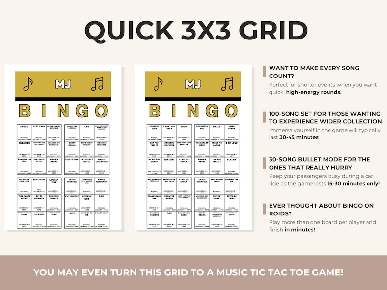 May include: Two white bingo game cards with a gold header featuring the text MJ and musical notes. Each card contains a 3x3 grid of song titles. The right side includes text describing game modes like Quick 3x3 Grid and 100-song set options.
