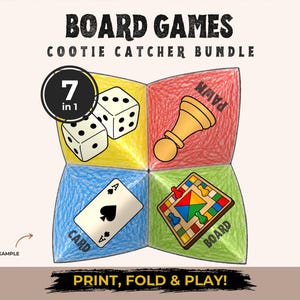 May include: A paper cootie catcher featuring the text BOARD GAMES COOTIE CATCHER BUNDLE, 7 in 1, and PRINT, FOLD & PLAY! The four sections are colored yellow, red, blue, and green, displaying illustrations of dice, a pawn, a card, and a board.