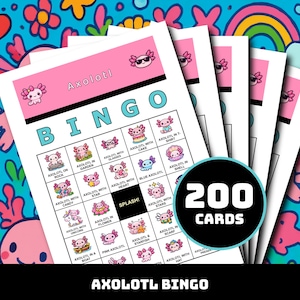 Peut inclure: Un ensemble de cartes de Bingo Axolotl avec un fond coloré. Les cartes ont un en-tête rose avec le mot "Axolotl" et le mot "BINGO" en grandes lettres turquoise. Les cartes présentent des illustrations d'axolotl et le texte "200 CARTES".