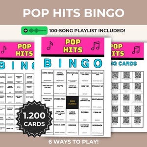 Puede incluir: Juego de bingo Pop Hits que incluye varias tarjetas blancas con líneas de cuadrícula negras, encabezados rosas e iconos de notas musicales. Las tarjetas contienen títulos de canciones y nombres de artistas, con un cuadrado negro central etiquetado como Sing Along.