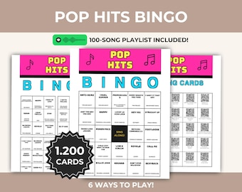 Pop Hits Muziek Bingo Afdrukbaar spel, afspeellijst met grafiek, trendy meezingactiviteit, Instant download, Digitale pdf, QR-telefoonkaarten