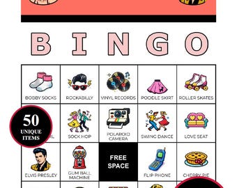 1950er Jahre Bingo Spiel - 200 Karten zum Ausdrucken mit 50 ikonischen Momenten | Retro Gesellschaftsspiel für Sockenhopfen, Themenabende, Nostalgie-Treffen