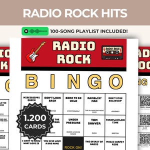 May include: A Radio Rock Bingo game card set featuring a red header with a red electric guitar and a cassette tape icon. The card includes a grid of song titles, a black starburst graphic with the text 1.200 CARDS, and a green Spotify icon.