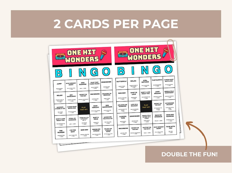 Puede incluir: Dos tarjetas de bingo "One Hit Wonders" por p&aacute;gina, con un gr&aacute;fico de casete retro y micr&oacute;fono. Las tarjetas tienen un encabezado "BINGO" turquesa y una cuadr&iacute;cula de t&iacute;tulos de canciones. El texto "Double the Fun!" est&aacute; en la parte inferior.