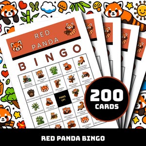 Op de afbeelding: Een set Red Panda Bingo-spelkaarten met een raster van cartoonillustraties van rode panda's, bamboe en natuuriconen. De koptekst luidt RED PANDA BINGO en een cirkelvormige badge toont de tekst 200 CARDS in een vetgedrukt wit lettertype.