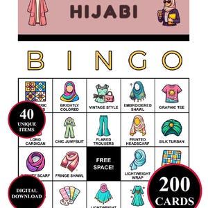May include: A Hijabi Bingo game card with 40 unique items and 200 cards. The card features illustrations of various fashion items, including a long cardigan, chic jumpsuit, flared trousers, and a silk turban. The game includes a digital download.
