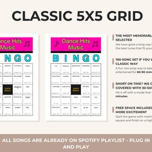 May include: Two bingo cards with a pink and black header that reads "Dance Hits Music" and the word "BINGO" in blue. The text "CLASSIC 5X5 GRID" is at the top. Additional text includes "100-song set" and "30-song set".