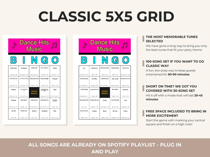 May include: Two bingo cards with a pink and black header that reads "Dance Hits Music" and the word "BINGO" in blue. The text "CLASSIC 5X5 GRID" is at the top. Additional text includes "100-song set" and "30-song set".