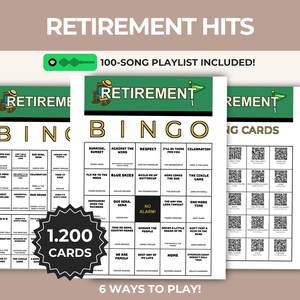 Può includere: Gioco di bingo a tema pensionamento con 1.200 cartelle e una playlist di 100 canzoni. Le cartelle presentano un'intestazione verde con il testo RETIREMENT BINGO, una griglia di titoli e artisti, e un riquadro centrale con la scritta NO ALARM.