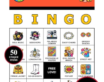 1960er Jahre Bingo Spiel – 200 Karten zum Ausdrucken mit 50 ikonischen Momenten | Tolles Partyspiel für Hippie-Treffen, Woodstock-Treffen und Retro-Nächte