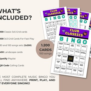 May include: A Club Classics Bingo game set featuring multiple printed cards with 5x5 and 3x3 grids. The cards have purple headers with text, teal BINGO lettering, and song titles in black text. Includes 1,200 cards, 100 songs, and QR codes.