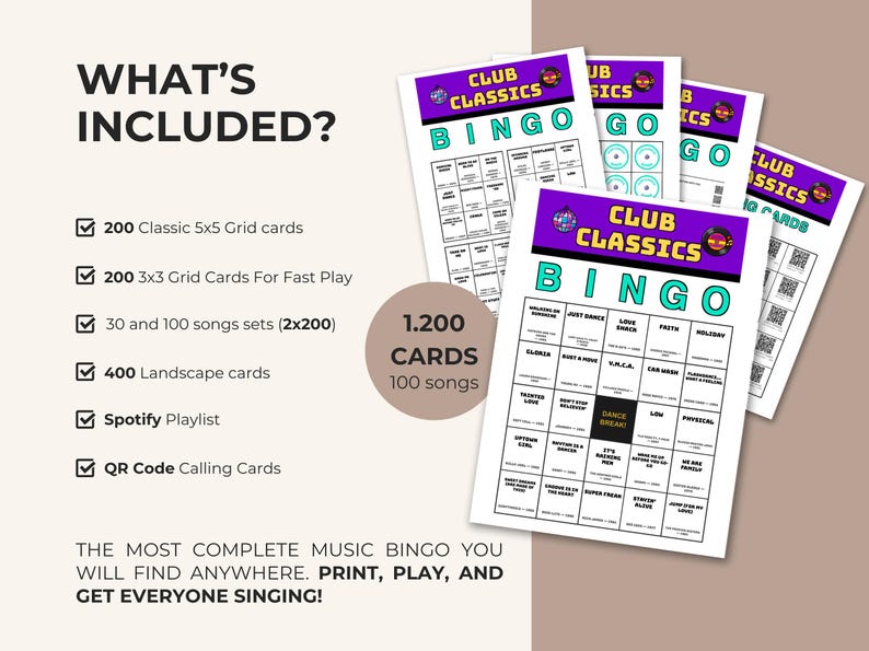 May include: A Club Classics Bingo game set featuring multiple printed cards with 5x5 and 3x3 grids. The cards have purple headers with text, teal BINGO lettering, and song titles in black text. Includes 1,200 cards, 100 songs, and QR codes.