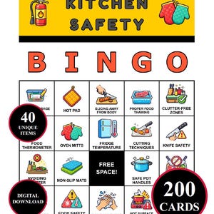 May include: A "Kitchen Safety Bingo" game card with a yellow header and a grid of illustrated safety tips. The card includes the text "Kitchen Safety" and "Bingo", with 40 unique items and 200 cards available as a digital download.