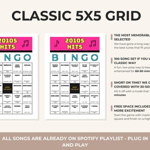 Puede incluir: Dos tarjetas de bingo de 5x5 tituladas 2010s Hits con iconos de notas musicales. Cada tarjeta presenta una cuadr&iacute;cula de t&iacute;tulos de canciones y un cuadrado central negro con la etiqueta Drop The Beat. El texto a la derecha detalla las opciones.