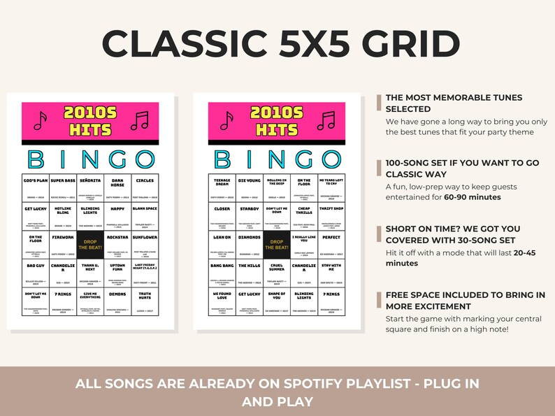 Puede incluir: Dos tarjetas de bingo de 5x5 tituladas 2010s Hits con iconos de notas musicales. Cada tarjeta presenta una cuadr&iacute;cula de t&iacute;tulos de canciones y un cuadrado central negro con la etiqueta Drop The Beat. El texto a la derecha detalla las opciones.