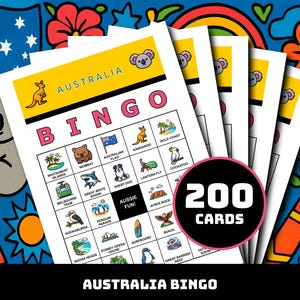 May include: A set of Australia Bingo cards featuring illustrations of Australian landmarks and animals. The cards display the word "Australia" and "Bingo". A circle indicates there are 200 cards. The background is a colorful design.