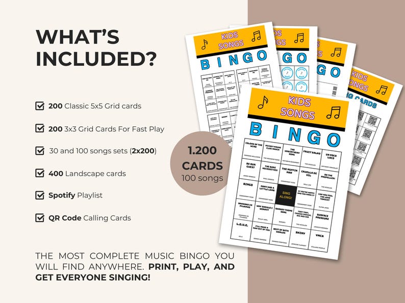 Puede incluir: Un conjunto de tarjetas de Bingo de canciones para ni&ntilde;os con un dise&ntilde;o amarillo y azul. Las tarjetas incluyen tarjetas de cuadr&iacute;cula de 5x5 y 3x3, tarjetas horizontales, una lista de reproducci&oacute;n de Spotify y tarjetas de llamada con c&oacute;digo QR. El texto en las tarjetas dice "Kids Songs Bingo".