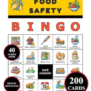 Op de afbeelding: Een Food Safety Bingo-spel met 40 unieke items en 200 kaarten. Het spel bevat illustraties van voedselveiligheidspraktijken, waaronder handen wassen, grillen en temperatuurcontrole. De woorden "Food Safety" en "Bingo" staan prominent weergegeven.