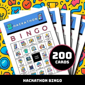 May include: A stack of white "Hackathon Bingo" cards with colorful illustrations and text. The cards feature icons related to technology and coding, with the text "200 Cards" in a black circle. The background is a yellow pattern.