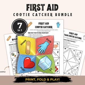 Può includere: Un set di giochi di carta 'Cootie Catcher' sul tema del primo soccorso con fogli di attività stampabili. Il gioco centrale piegato mostra illustrazioni colorate di un cerotto, un guanto blu, un cuore rosso e un cubetto di ghiaccio con etichette.