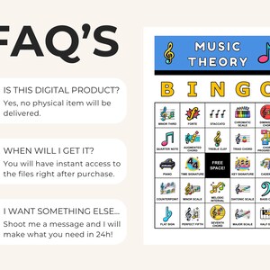 May include: A digital music theory bingo game with a blue header that says "Music Theory Bingo". The game board features musical symbols and terms. The FAQ's section answers questions about the digital product.