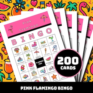 Peut inclure: Un ensemble de cartes de bingo sur le thème du flamant rose. Les cartes présentent des illustrations de flamants roses, de cocktails et de scènes de plage. L'ensemble comprend 200 cartes et s'intitule "Pink Flamingo Bingo".