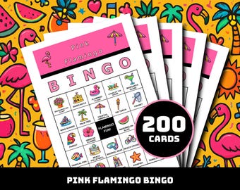 Pink Flamingo Bingo Spiel - 200 Druckbare Karten mit 40 Tropischen Momenten | Sommerfest für Klassenzimmer, Familienspaß, Geburtstagsfeier-Liebhaber