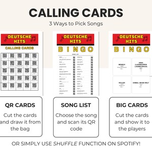 May include: A graphic with the text "CALLING CARDS" and "3 Ways to Pick Songs." It shows three methods: QR cards, a song list, and big cards. Each method has instructions. The top of each card says "DEUTSCHE HITS BINGO."