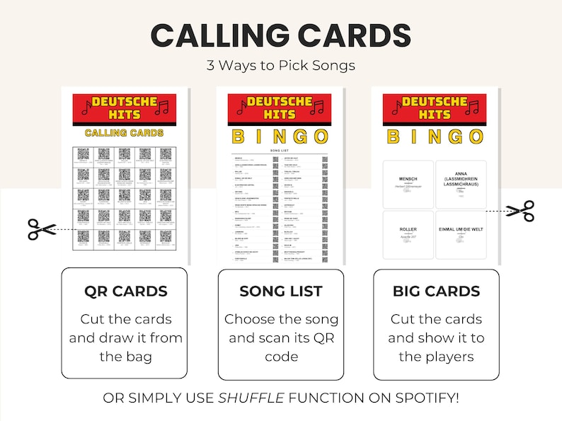 May include: A graphic with the text "CALLING CARDS" and "3 Ways to Pick Songs." It shows three methods: QR cards, a song list, and big cards. Each method has instructions. The top of each card says "DEUTSCHE HITS BINGO."