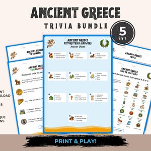 Op de afbeelding: Een trivia-bundel over het oude Griekenland met vijf printbare spelbladen met blauwe randen. De pagina's bevatten tekst, illustraties van mythologische figuren en trivia-vragen over de Griekse geschiedenis, inclusief een antwoordblad met selectievakjes.