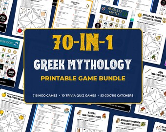 May include: A printable Greek mythology game bundle featuring 70-in-1 games including 7 bingo games, 10 trivia quiz games, and 53 cootie catchers. The central dark blue sign displays the text 70-IN-1 GREEK MYTHOLOGY PRINTABLE GAME BUNDLE.