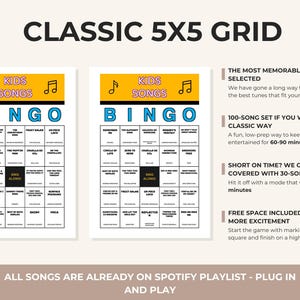 Puede incluir: Dos tarjetas de Bingo imprimibles de canciones infantiles con un dise&ntilde;o de cuadr&iacute;cula de 5x5. Cada tarjeta presenta t&iacute;tulos de canciones en formato de cuadr&iacute;cula, con la palabra "BINGO" en la parte superior. Las tarjetas est&aacute;n dise&ntilde;adas para un juego de fiesta divertido y sencillo.