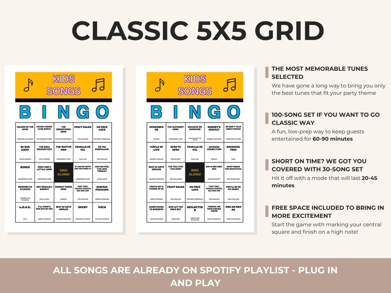 Puede incluir: Dos tarjetas de Bingo imprimibles de canciones infantiles con un dise&ntilde;o de cuadr&iacute;cula de 5x5. Cada tarjeta presenta t&iacute;tulos de canciones en formato de cuadr&iacute;cula, con la palabra "BINGO" en la parte superior. Las tarjetas est&aacute;n dise&ntilde;adas para un juego de fiesta divertido y sencillo.