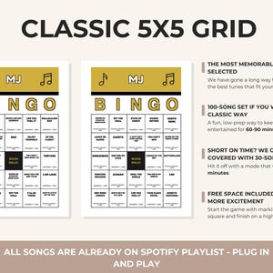 May include: Two printable bingo cards with a 5x5 grid, gold headers, and musical note icons. The cards feature the text CLASSIC 5X5 GRID, MJ, and BINGO. The central square on each card is labeled MOON WALK. The image includes text about song sets.