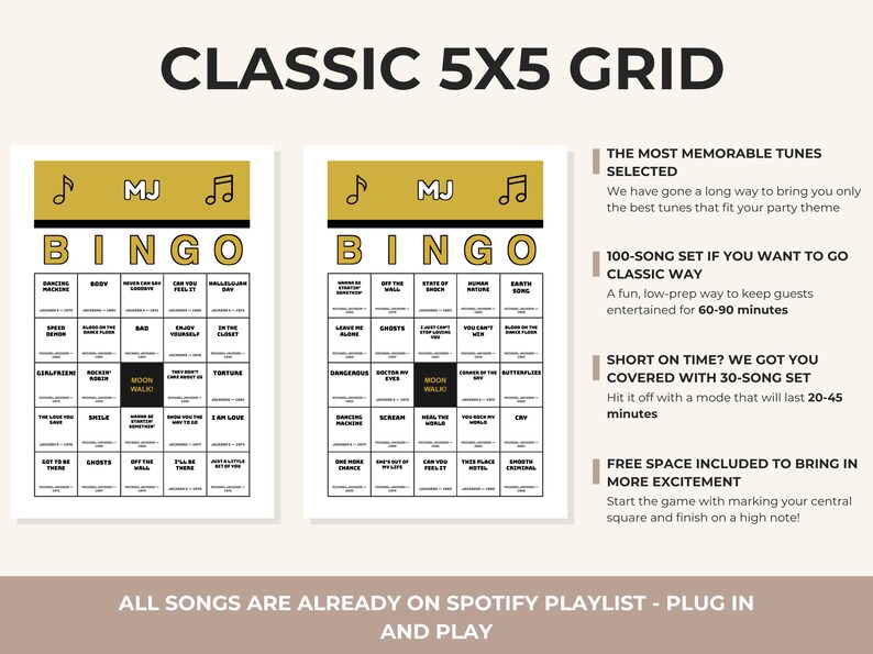 May include: Two printable bingo cards with a 5x5 grid, gold headers, and musical note icons. The cards feature the text CLASSIC 5X5 GRID, MJ, and BINGO. The central square on each card is labeled MOON WALK. The image includes text about song sets.