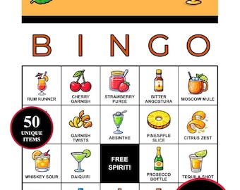 Cocktails Bingo Game – 200 Printable Cards with 50 Iconic Moments | Mixology Party Game for Home Bars, Date Nights, Tasting Parties