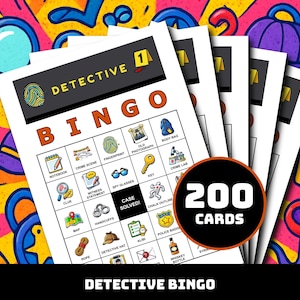 以下が含まれることがあります： カラフルな背景の探偵ビンゴゲームカード。カードには、「Detective Bingo」、「Case Solved」、「200 Cards」など、探偵をテーマにした画像とテキストが掲載されています。背景は、オレンジ、黄色、青、赤の鮮やかなミックスです。