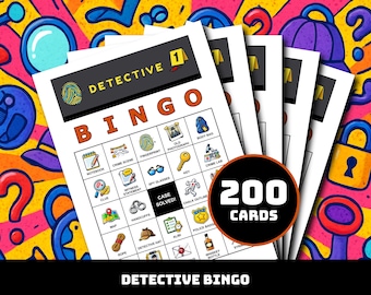 Juego de Bingo de Detectives: 200 tarjetas imprimibles con 50 momentos icónicos / Juego de misterio para fiestas temáticas de crímenes, clubes de detectives y eventos de investigación.