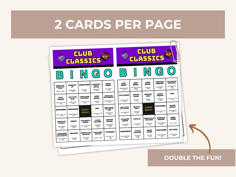 May include: Two Club Classics bingo cards printed on a single white sheet. Each card features a purple header with the text Club Classics, a disco ball, and a vinyl record icon. The grid contains song titles and artists with a central Dance Break square.
