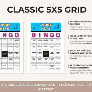 Pu&ograve; includere: Due cartelle di Bingo stampabili dei successi degli anni '90 con un layout a griglia 5x5. Le cartelle presentano un'intestazione blu con note musicali e il testo "1990s Hits Bingo" in rosa e nero. Il testo "Classic 5x5 Grid" &egrave; in alto.