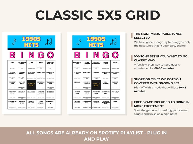 Pu&ograve; includere: Due cartelle di Bingo stampabili dei successi degli anni '90 con un layout a griglia 5x5. Le cartelle presentano un'intestazione blu con note musicali e il testo "1990s Hits Bingo" in rosa e nero. Il testo "Classic 5x5 Grid" &egrave; in alto.