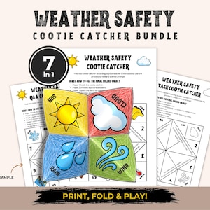 Könnte beinhalten: Ein Weather Safety Cootie Catcher Bündel mit druckbaren Arbeitsblättern. Das mittig gefaltete Papierspielzeug zeigt farbige Illustrationen einer gelben Sonne, einer weißen Wolke, blauer Regentropfen und blauer Windwirbel mit entsprechenden Textbeschriftungen.