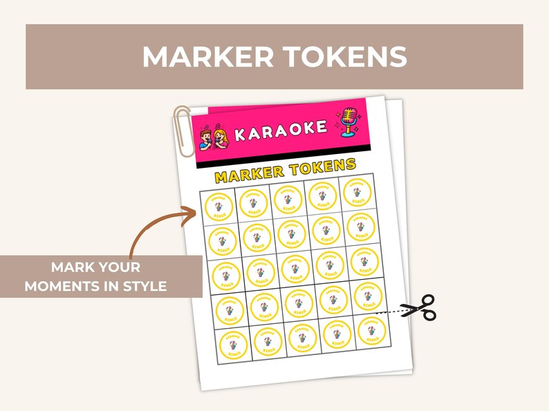 Może przedstawiać: Arkusz papieru z napisami "Marker Tokens" i "Karaoke". Zawiera siatkę ż&oacute;łtych k&oacute;ł z ikonami mikrofon&oacute;w. Widoczny jest r&oacute;wnież tekst "Mark Your Moments in Style". Nożyczki tną papier.