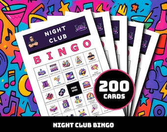 Gra w bingo w klubie nocnym – 200 kart do wydrukowania z 40 pełnymi energii momentami | Impreza wieczorowa, panieńskie wyjścia i zabawa na parkiecie z DJ-em