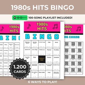 May include: A set of 1980s Hits Bingo cards with a 100-song playlist. The cards feature a pink and black design with the text "1980s Hits Bingo". The set includes 1,200 cards and offers 6 ways to play.