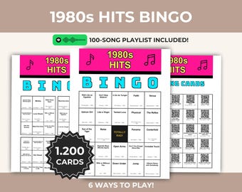 Jaren 80 Hits Muziek Bingo Afdrukbaar Spel, Retro Party Playlist, Nostalgische meezingactiviteit, Instant Download, Digitale PDF, QR Calling Cards