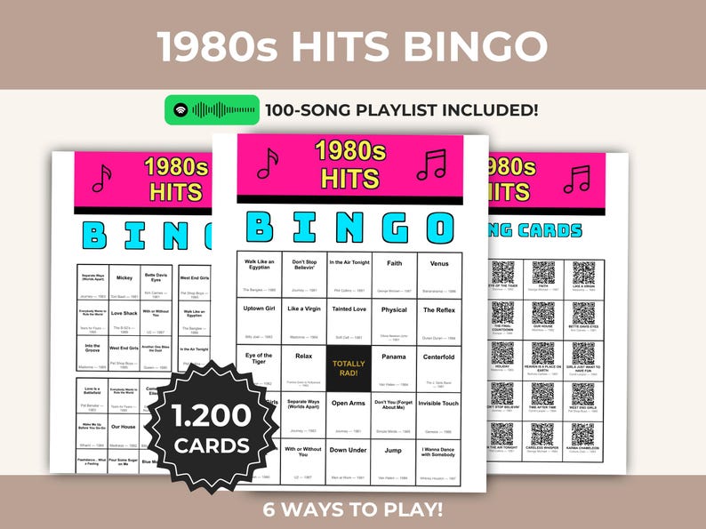 May include: A set of 1980s Hits Bingo cards with a 100-song playlist. The cards feature a pink and black design with the text "1980s Hits Bingo". The set includes 1,200 cards and offers 6 ways to play.