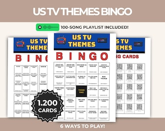 Bingo musical con temas de series de televisión estadounidenses: juego imprimible, lista de reproducción en pantalla, actividad divertida para cantar, descarga instantánea, PDF digital, tarjetas con código QR.