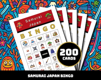 Samurai Japan Bingo Spiel - 200 druckbare Karten mit 40 feudalen Momenten | Japanisches Geschichtslernen für Klassenzimmer, Homeschool, Familienspaß