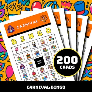 May include: A stack of Carnival Bingo cards with an orange and yellow background. The cards have a white background with colorful illustrations and the words "Carnival Bingo". A black circle reads "200 Cards".